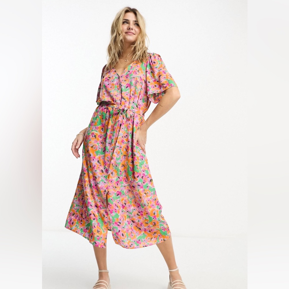Monki wrap midi dress in pink floral print